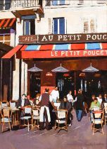 Jeremy Sanders (b.1969) Parisian cafe with figures seated beneath a red awning Signed, oil on board,