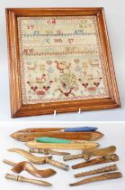 A Framed Victorian Woolwork Sampler, worked by Mary Anne Wilkinson, aged 13, 1862; together with a