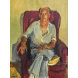 John Carter (1922-2004) Portrait of Gordon seated in a red armchair Signed and dated (19)87, oil