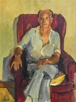 John Carter (1922-2004) Portrait of Gordon seated in a red armchair Signed and dated (19)87, oil