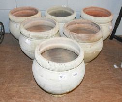 A Set of Six Painted Terracotta Planters, with textured rims, 30cm high