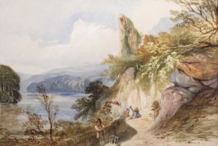 British School (19th Century) Figures before extensive Lakeland vista Watercolour, together with two