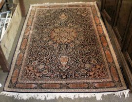 Kashmir Silk Rug, the deep indigo field of Ardebil design enclosed by borders of cartouches, flanked