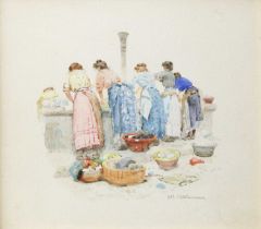 Michele Allavena (1863-1949) A break from the laundry Signed, watercolour, together with a 20th