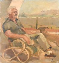 John Carter (1922-2004) Gordon on the villa patio Signed and dated (19)85, oil on canvas, together