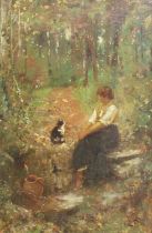 Thomas James Lloyd ROI, RWS (1849-1910) Lady and cat at rest by a woodland stream Signed and dated