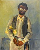 John Carter (1922-2004) "Miel Fiesta Clown, Spain" Signed and dated (19)88, inscribed verso, oil