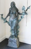 A Patinated Cast Metal Water Feature Garden Statue, formed as a water nymph, flanked by branches