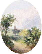 British School (19th Century) A tree lined country path with church spire beyond Oil on card?,