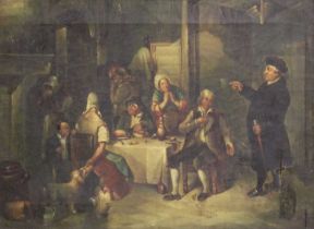 English School (19th Century) Tavern scene with disgruntled gentleman Oil on canvas, 31cm by 44cm (