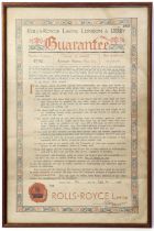 A Rolls-Royce Limited London & Derby Guarantee/Certificate, number 4040, dated 17th June 1921, in