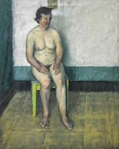 Attributed to David George Fawcett ATD, FRSA (1935-1973) Seated female nude Oil on canvas, 76cm by