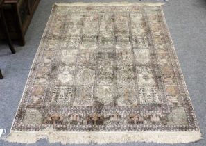 Kashmir Silk Rug, the compartmentalised field of mihrabs enclosed by similar borders and multiple