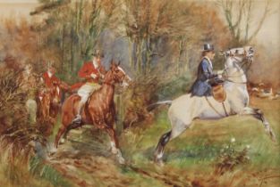 Thomas Ivester Lloyd (1873-1942) Lady riding side saddle leaving a covert Signed, watercolour,