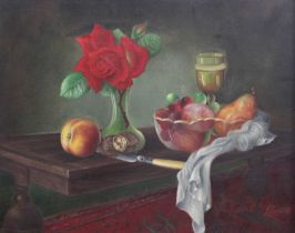 Eustace Liscard (20th Century) Still life of fruit in a glass bowl, vase of red roses and a wine