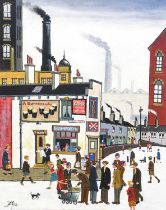 Allen Tortice (b.1949) Street scene with figures before a pub Signed, oil on canvas, 51cm by 40cm