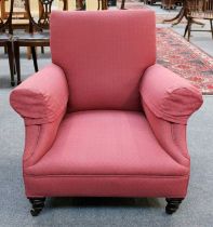 A Victorian Mahogany Framed Low Armchair, moving on castors