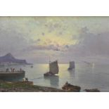 Continental School (20th Century) Coastal scene with boats in the harbour Indistinctly signed, oil