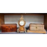 A French Inlaid Gilt Metal Mounted Mantle Clock, Regency caddy, hinged box and contents, etc