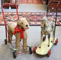 Pedigree Terrier on Wheels with red bandana, on a red painted metal frame, 55cm long, 61cm high (top