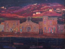Muriel Rose, RBA, ROI (1923-2012) Village in red Signed, 57cm by 72.5cm