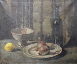 Ronald Allen (20th Century) Still life with a lemon and a bottle of wine Signed, oil on canvas, 49.