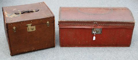 19th Century Studded Domed Trunk, in red leatherette with papered lining and hand written