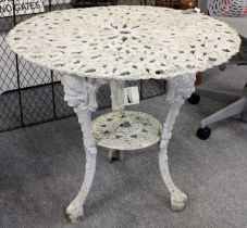 A Victorian Style Aluminium Patio Table, the openwork circular top over three scroll supports