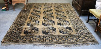 Afghan Carpet, the gold field with three columns of elephant foot medallions enclosed by borders