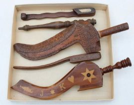 Five 19th Century Carved Knitting Sticks/Sheaths, including a inlaid example with initals 'JK'
