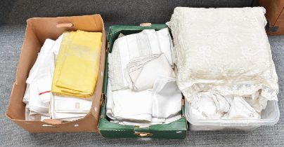 Three Boxes of Assorted table linen, hankies, shoe trees and other items