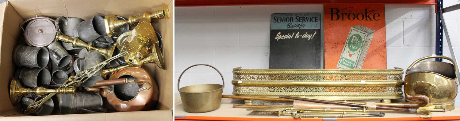 A Quantity of Metalwares Including, two enamel advetising signs, Brooke & Bond and Senior Service, a