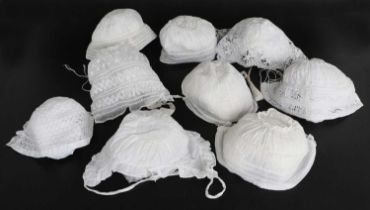 Mainly 19th Century Baby Bonnets, comprising a linen bonnet with a lace insertion designed with a '