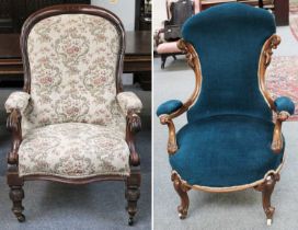 A Victorian Carved Mahogany Framed Open Armchair, together with a similar nursing chair (2)