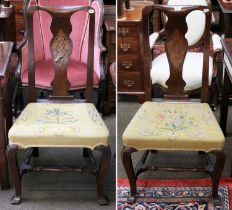A Pair of George II Side Chairs, inlaid and with tapestry seats