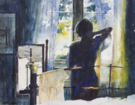 John Lidzey (20th Century) Interior scene with morning light Signed, watercolour, 45cm by 56cm