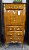 A 19th Century French Inlaid Secretaire Cabinet, serpentine fronted, with marble top and gilt
