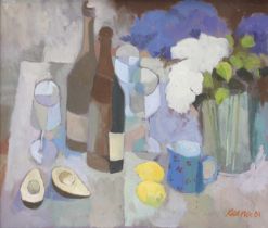 Arthur Keene (20th Century) Still life with wine bottles and wine glasses, fruit, and flowers in a