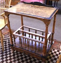 A Victorian Burr Walnut Canterbury Whatnot Stand, with strung inlay and ebonised banding, having