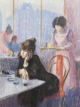 Arthur Keene (20th Century) Girl in a black dress seated in a cafe Signed, oil pastel, 71.5cm by