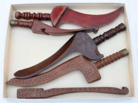 Five 19th Century Knitting Sticks/Sheaths including a chip carved example, initialled AB, another