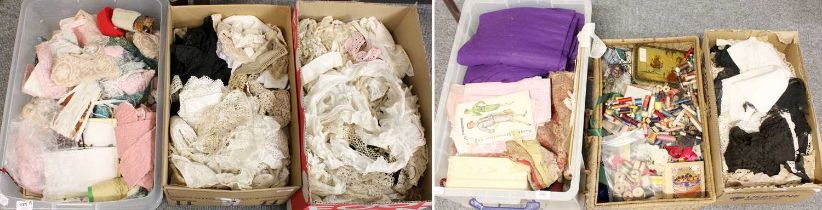 Quantity of Assorted Haberdashery and Lace, comprising ribbons, silks, threads, cut quilts, sewing