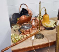 19th Century and Later Metalware, including: copper pans, brass trivet, brass chestnut roaster,