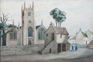 Noel S Leaver (20th Century) Figures conversing outside a church Signed, watercolour heightened with