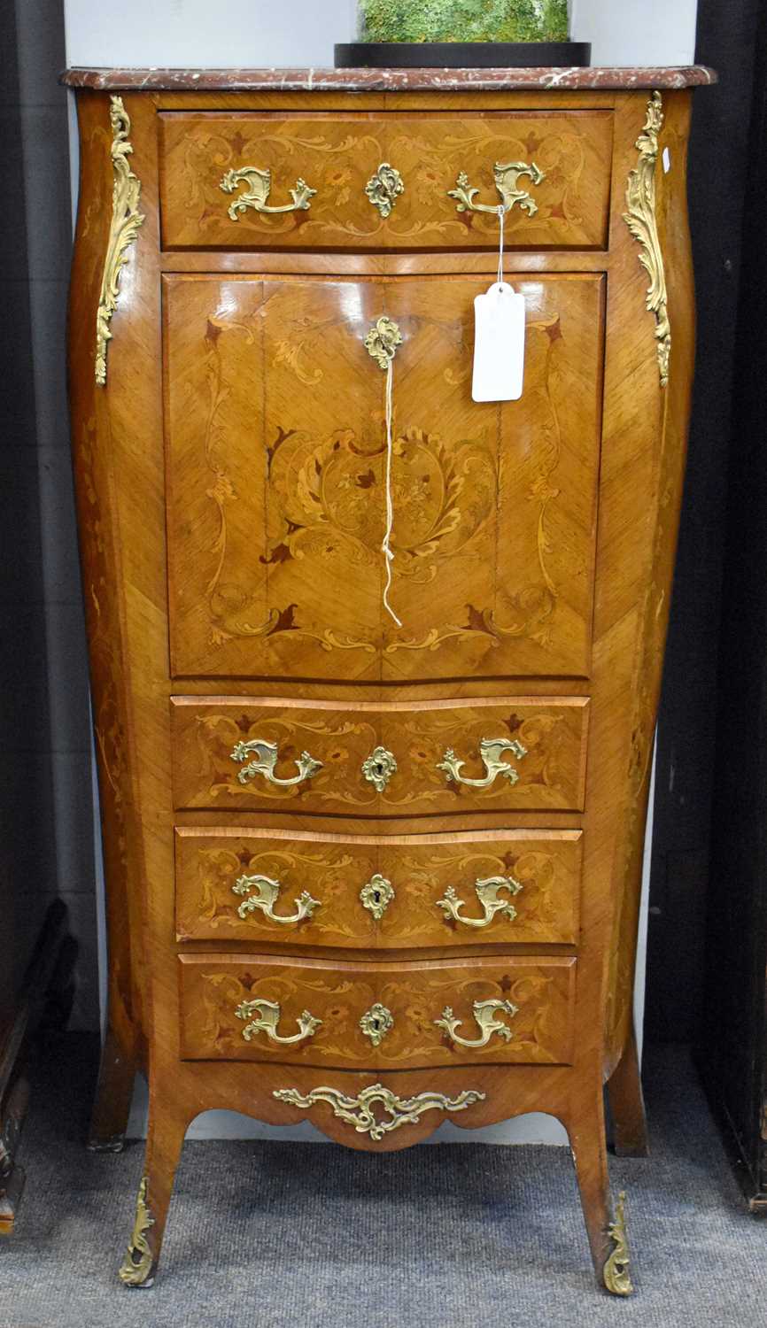 A 19th Century French Inlaid Secretaire Cabinet, serpentine fronted, with marble top and gilt - Image 2 of 2