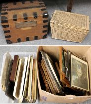 Assorted Prints, Pictures and Other Items, comprising a two fold scrap screen, a wicker baby