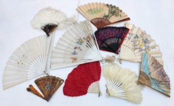 Assorted Mainly Early 20th Century Fans, including a red crepe 'leaf' style advertising fan 'The