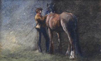 Brian Irving (1921-2013) Man tending his shire horse Signed, watercolour, 12.5cm by 22.5cm