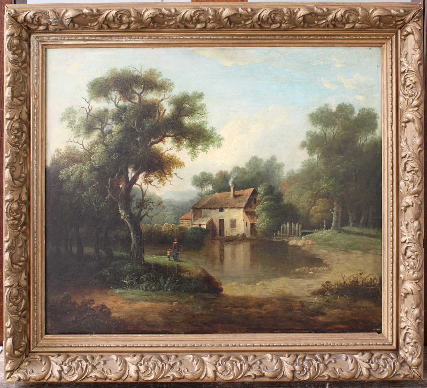 Circle of Patrick Naysmith (British, 1787-1831) Figures by a lakeside cottage, Oil on panel, 34. - Image 2 of 2