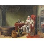 English School (19th Century) Interior scene with figure, fishing rod and large staved bath Oil on